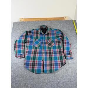 Vintage Five Brother Shacket Men L Blue Flannel Plaid Button Up Jacket Work USA